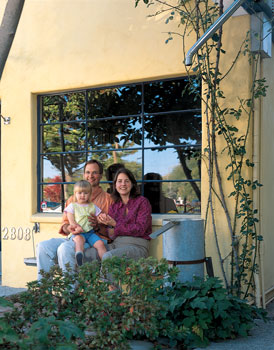 
Seven months after their daughter, Chloe, was born, Cate and Karl moved from the Berkeley hills to their new home on a lively commercial street. Their central location makes it easy for the family to shop, dine, and visit friends by foot and bicycle. The couple moved their architectural office into the house’s addition, formerly an antique shop.
